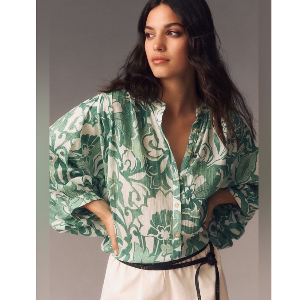 Pilcro Blouse Green White Floral Dolman Sleeve Button Up Boho Flowy Romantic - Picture 2 of 15